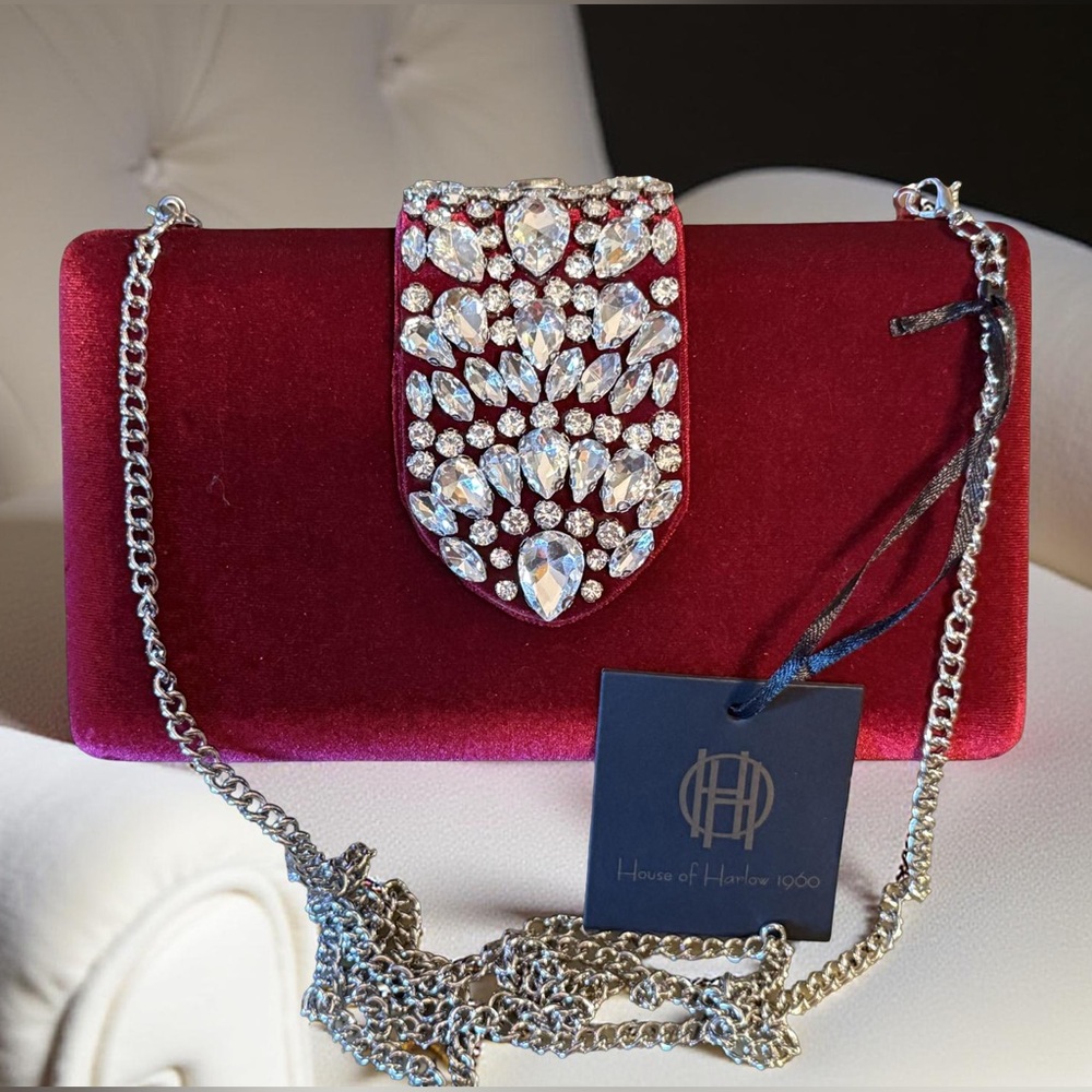 House of Harlow 1960 NWT Stunning Ruby Red Velvet Jeweled Crossbody Clutch (209)